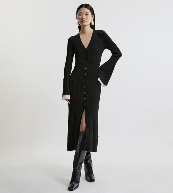 Premium Drape Rib Knitted Woven Cuff Maxi Dress