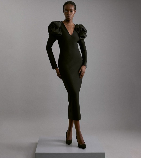 Figure Form Bandage Knit Silk Ruffle Shoulder Detail Midi Dress