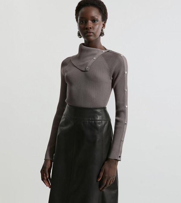 Viscose Blend Rib Knit Envelope Neck Top