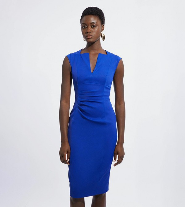 Italian Structured Rib Envelope Neck Pencil Midi Dress