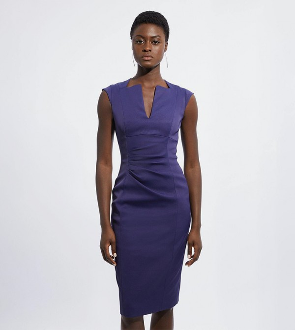 Italian Structured Rib Envelope Neck Pencil Midi Dress
