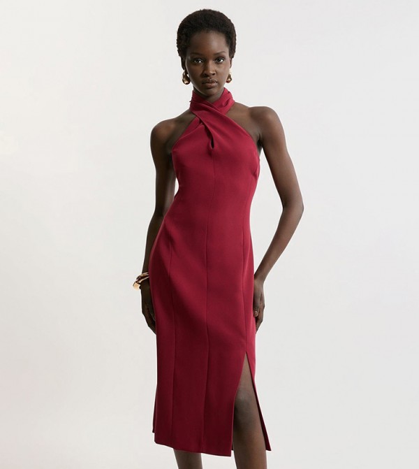 Solid Halterneck Slit Midi Dress
