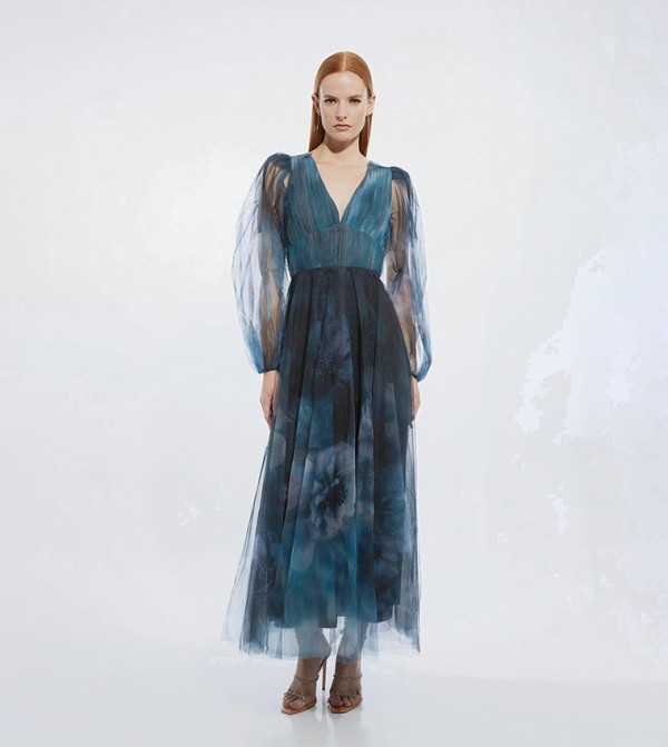 Blurred Floral Print Tulle Plunge Maxi Dress