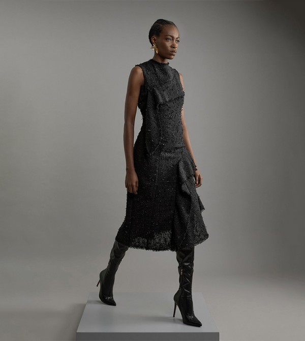 Metallic Boucle Sleeveless Asymmetric Midaxi Dress