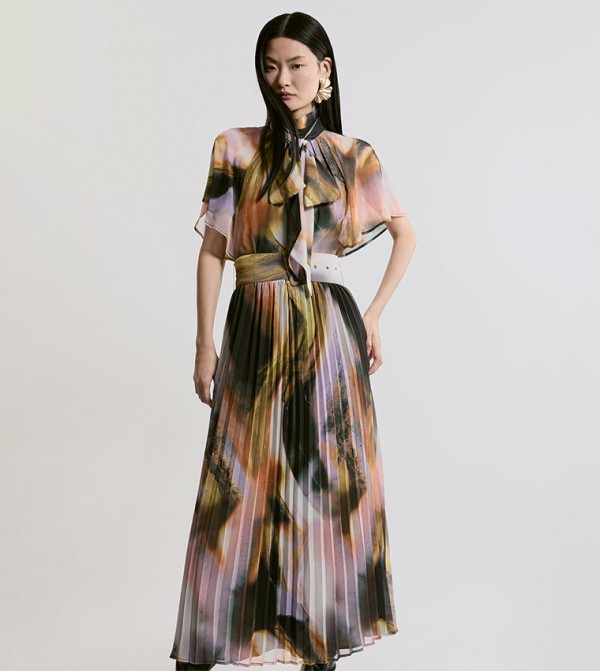 Abstract Pussy Bow Tie Georgette Belted Midi Dress