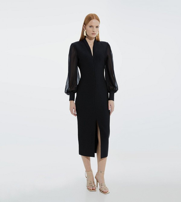 Bandage Zip Detail Chiffon Sleeves Knitted Dress