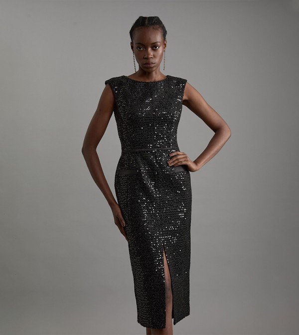 Tailored Sequined Tweed Drop Waist Midi Dress