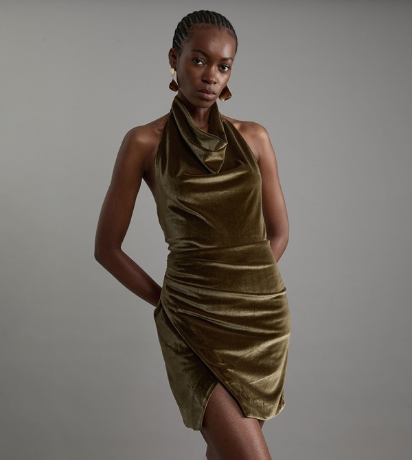 Stretch Velvet Halter Neck Mini Dress