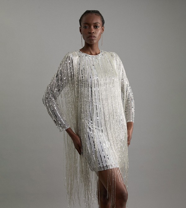 Petite Embellished And Beaded Tassel Mini Dress