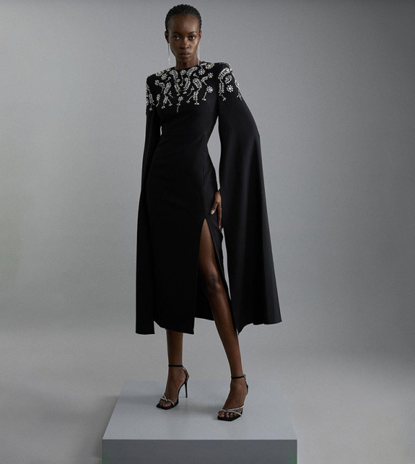 Compact Stretch Viscose Crystal Embellished Cape Midaxi Dress
