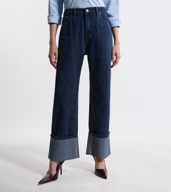 Washed Turn Up Hem Straight Fit Jeans