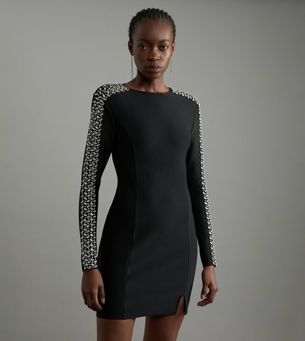 Figure Form Bandage Knit Embellished Mini Dress