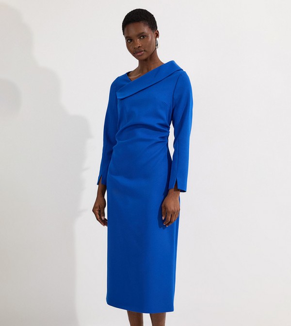 Structured Crepe Asymmetrical Collared Fitted Midi Dress