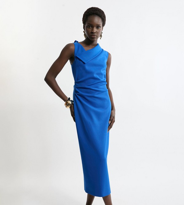 Structured Crepe Full Skirted Tailored Asymmetrical Midi Dress