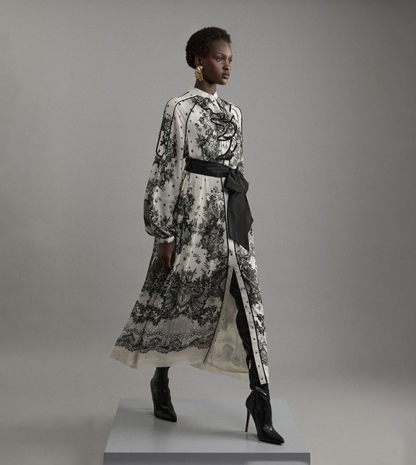 Viscose Crinkle Placed Lace Printed Woven Midaxi Dress