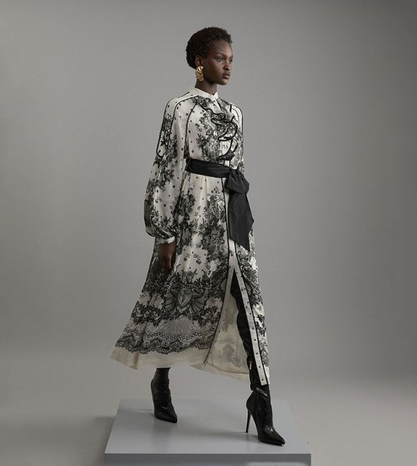 Petite Viscose Crinkle Placed Lace Printed Woven Midaxi Dress