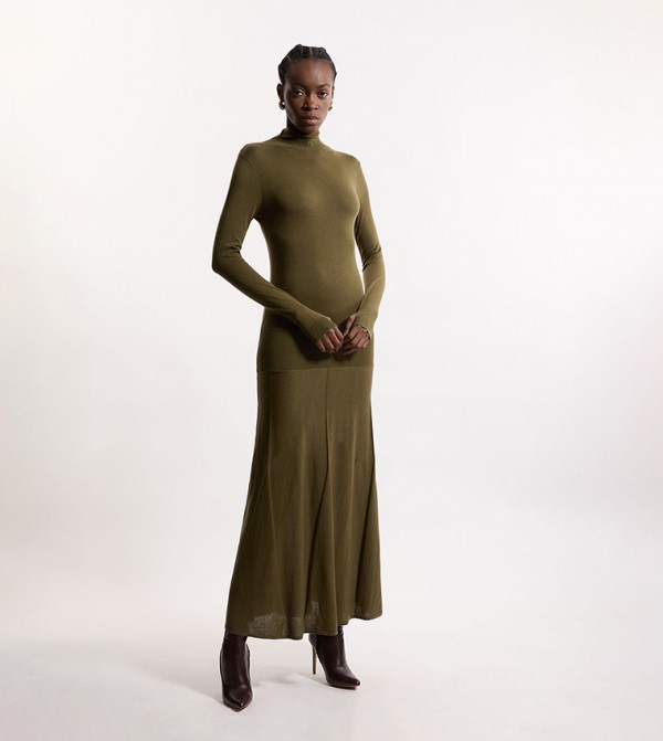 Wool Tencel Full Skirted Knit Maxi Dress