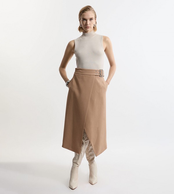 Compact Stretch Wrap Over Belted Tailored Midi Skirt