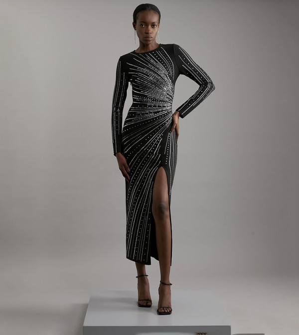 Figure Form Bandage Knit Embellished Midi Dress