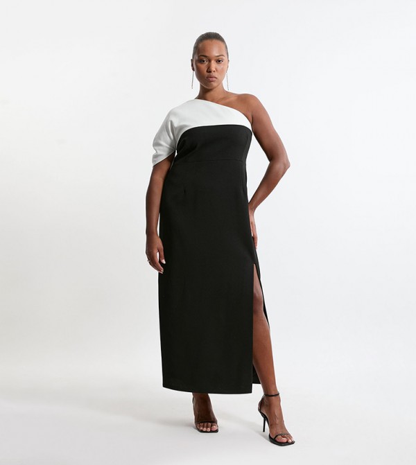 Curve Structured Crepe Color Block Tailored Midi Dress