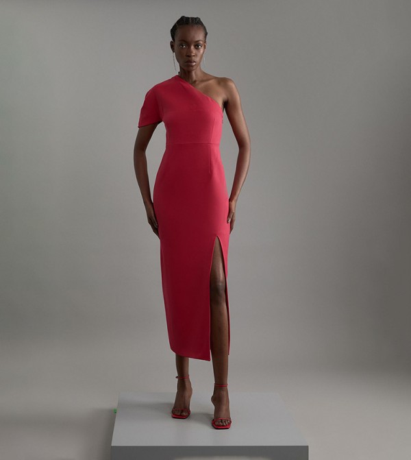 Structured Crepe Asymmetric Cape Detail Tailored Midi Dress