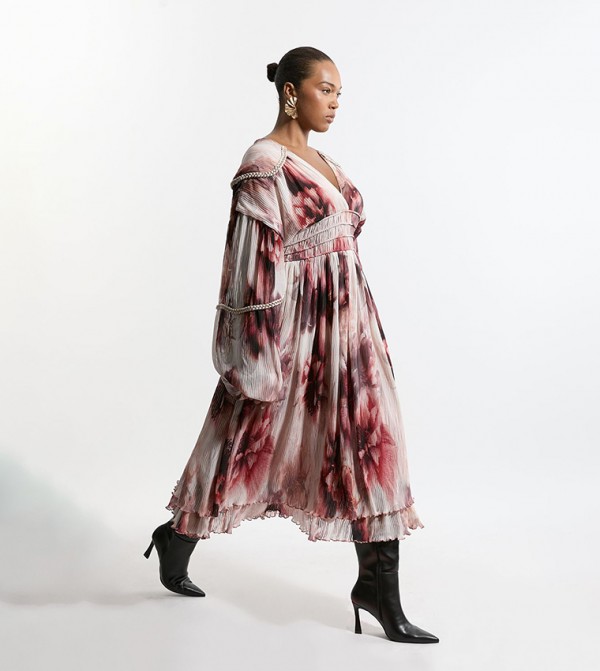 Curve Crinkle Floral Woven Midi Dress With Balloon Sleeves And Embellishment