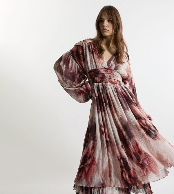 Crinkle Floral Woven Midi Dress With Balloon Sleeves And Embellishment