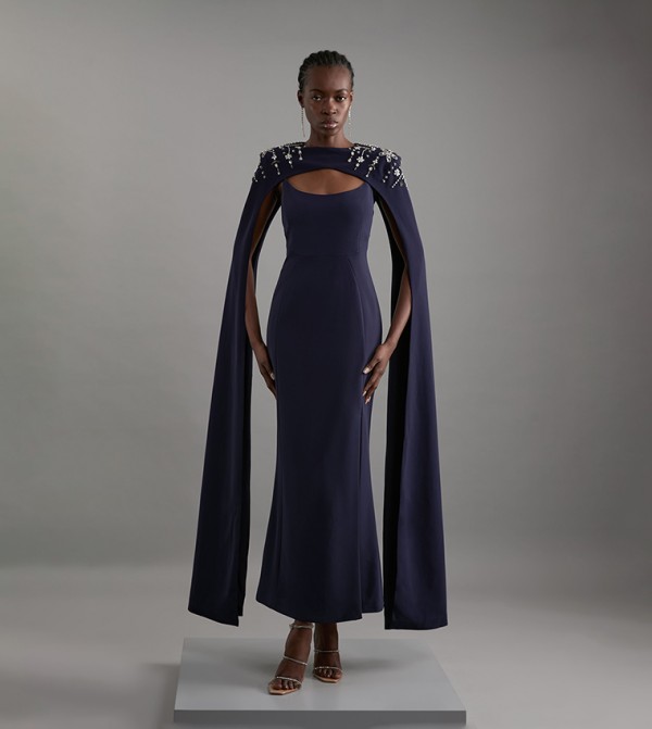 Crystal Embellished Viscose Crepe Maxi Dress With Detachable Cape