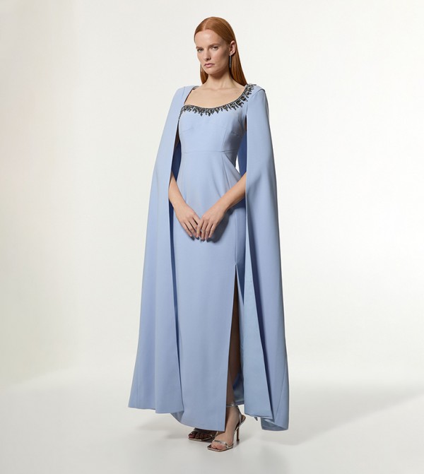 Crystal Embellished Viscose Crepe Woven Cape Maxi Dress