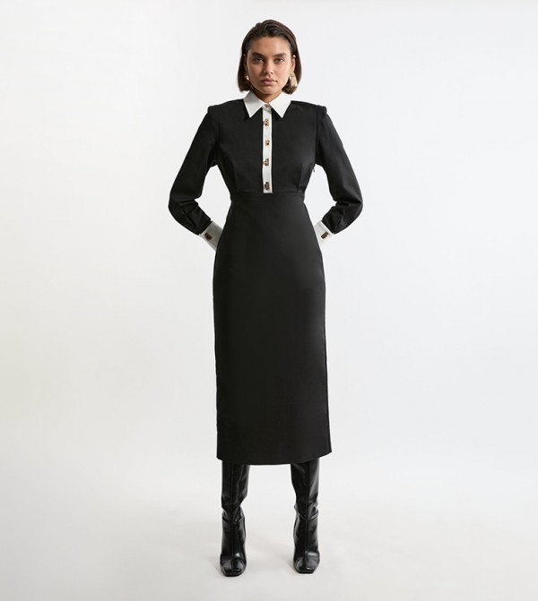 Techno Cotton Woven Midaxi Shirt Dress With Gold Clasps
