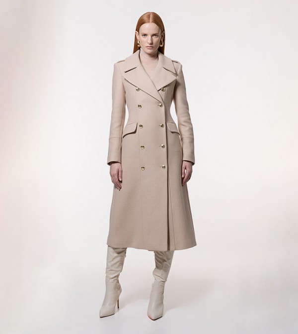 Wool Military Double Breasted Midi Coat