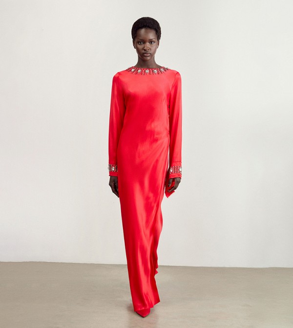Embellished Raw Edge Satin Wrap Maxi Dress