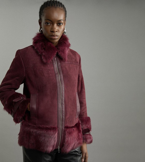 Shearling Buckle Detail Zip Through Coat