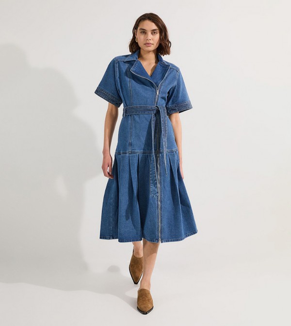 Pleated Hem Biker Denim Dress