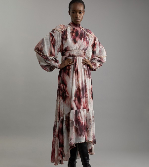 Petite Crinkle Floral Woven Midaxi Dress With Laced Back And Embellishment