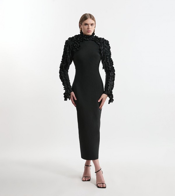 Figure Form Bandage Knit Rosette Detail Midi Dress