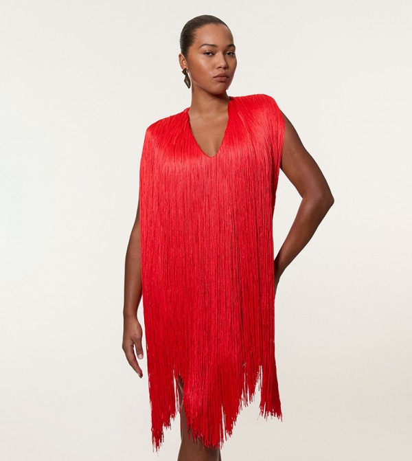Curve Figure Form Bandage Knit V-Neck Fringed Mini Dress