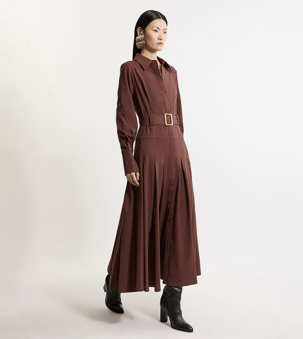 Wool Blend Pleated Tailored Belted Maxi Shirt Dress