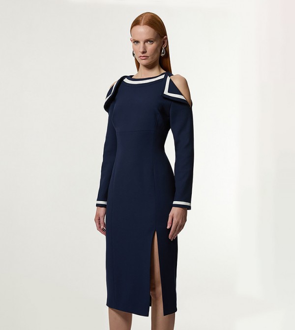 Compact Stretch Contrast Tipped Bardot Tailored Midi Dress