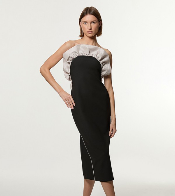 Ruffle Taffeta Compact Stretch Bandeau Tailored Midi Dress