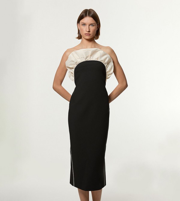 Ruffle Taffeta Compact Stretch Bandeau Tailored Midi Dress