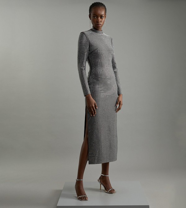 Figure Form Bandage Knit All Over Embellished Midi Dress