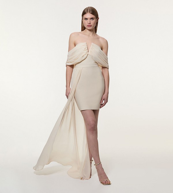 Tall Figure Form Bandage Knit Woven Bardot And Skirt Detail Dress