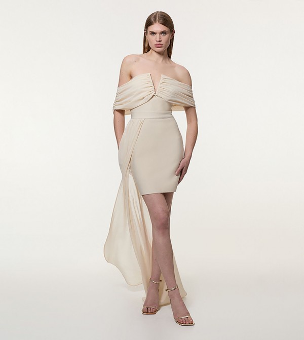 Petite Figure Form Bandage Knit Woven Bardot And Skirt Detail Dress