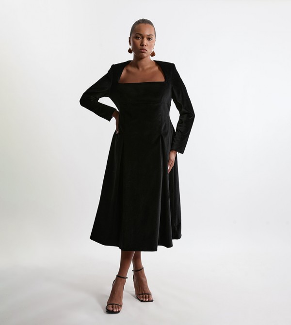 Curve Velvet Tailored Pleat Full Skirted Midi Dress