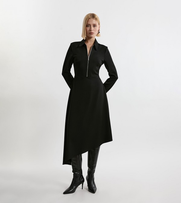 Technical Crepe Tailored Metal Zipp Detail High Low Midi Dress