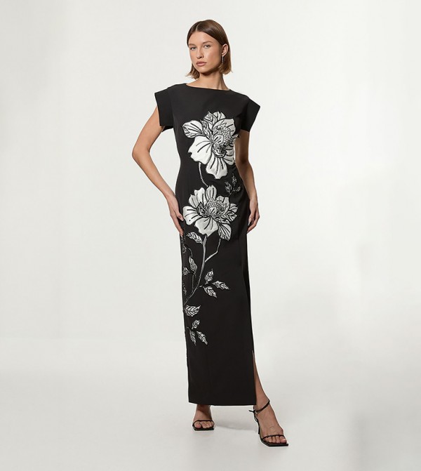 Tailored Applique Satin Beaded Maxi Dress