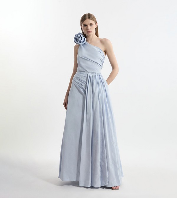 Petite Taffeta Rosette Neck Pleated Gathered Maxi Dress