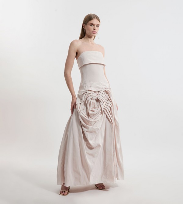 Taffeta Bandeau Tailored Rosette Pleated Maxi Dress