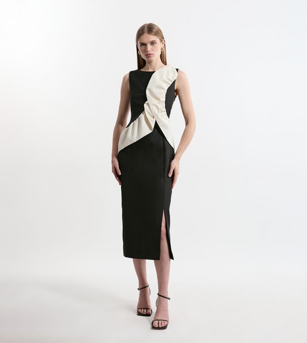 Textured Tailored Contrast Taffeta Ruffle Midi Dress